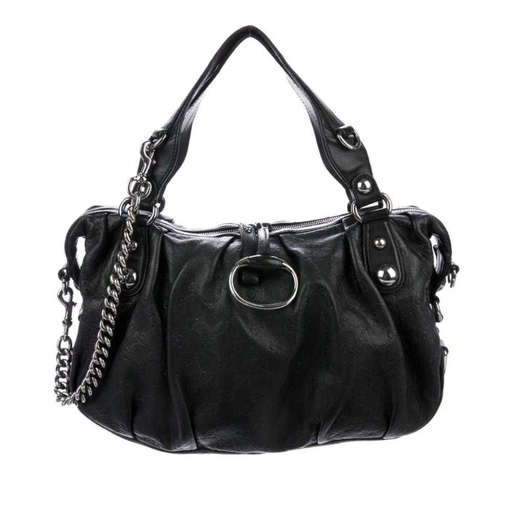 Authentic Gucci Icon Bit Medium Boston Bag with Cross-body Strap Black Leather